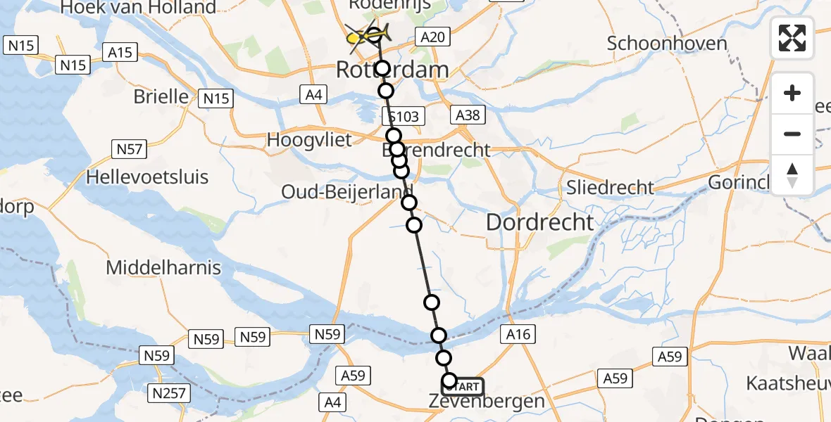 Routekaart van de vlucht: Lifeliner 2 naar Rotterdam The Hague Airport, Nieuwendijk