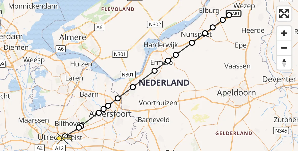 Routekaart van de vlucht: Lifeliner 1 naar Universitair Medisch Centrum Utrecht, 't Hof ter Mullegen