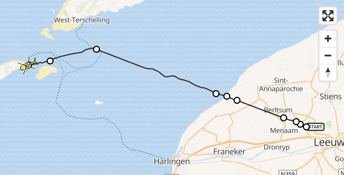 Routekaart van de vlucht: Ambulanceheli naar Vlieland Heliport, Mieddyk