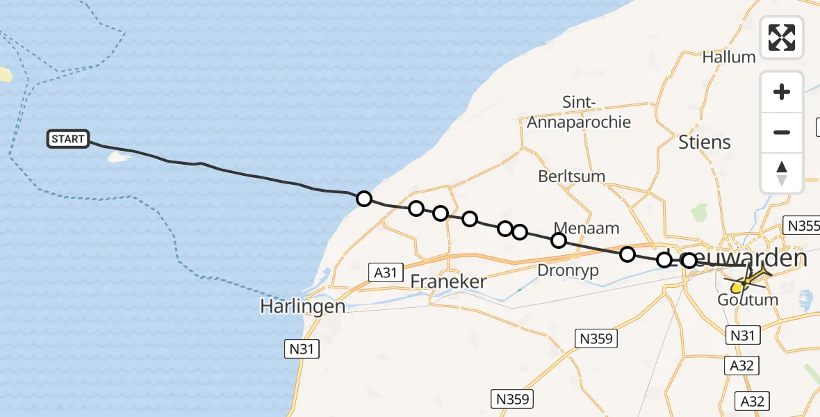 Routekaart van de vlucht: Ambulanceheli naar Leeuwarden, Aldlânsdyk