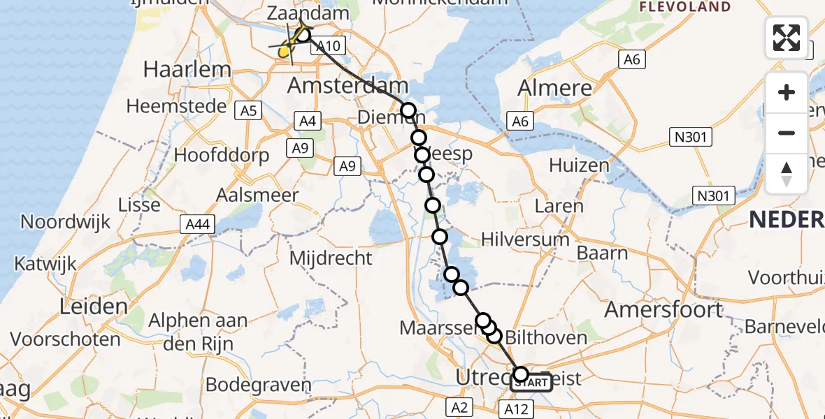 Routekaart van de vlucht: Lifeliner 1 naar Amsterdam Heliport, Hoofddijk