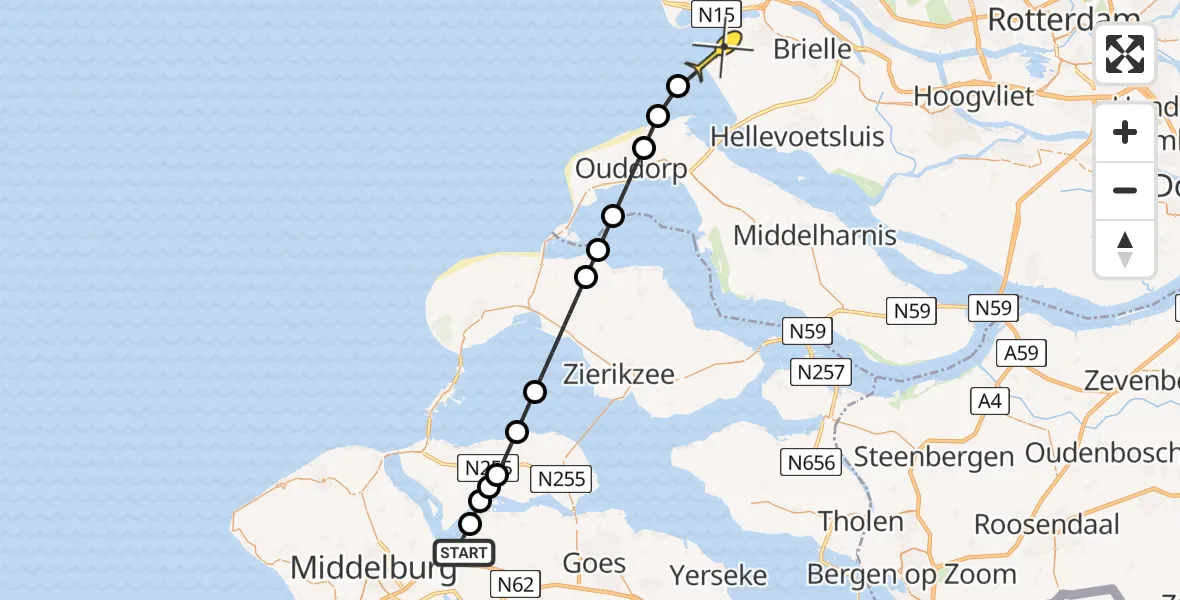 Routekaart van de vlucht: Kustwachthelikopter naar Rockanje, Muidenweg