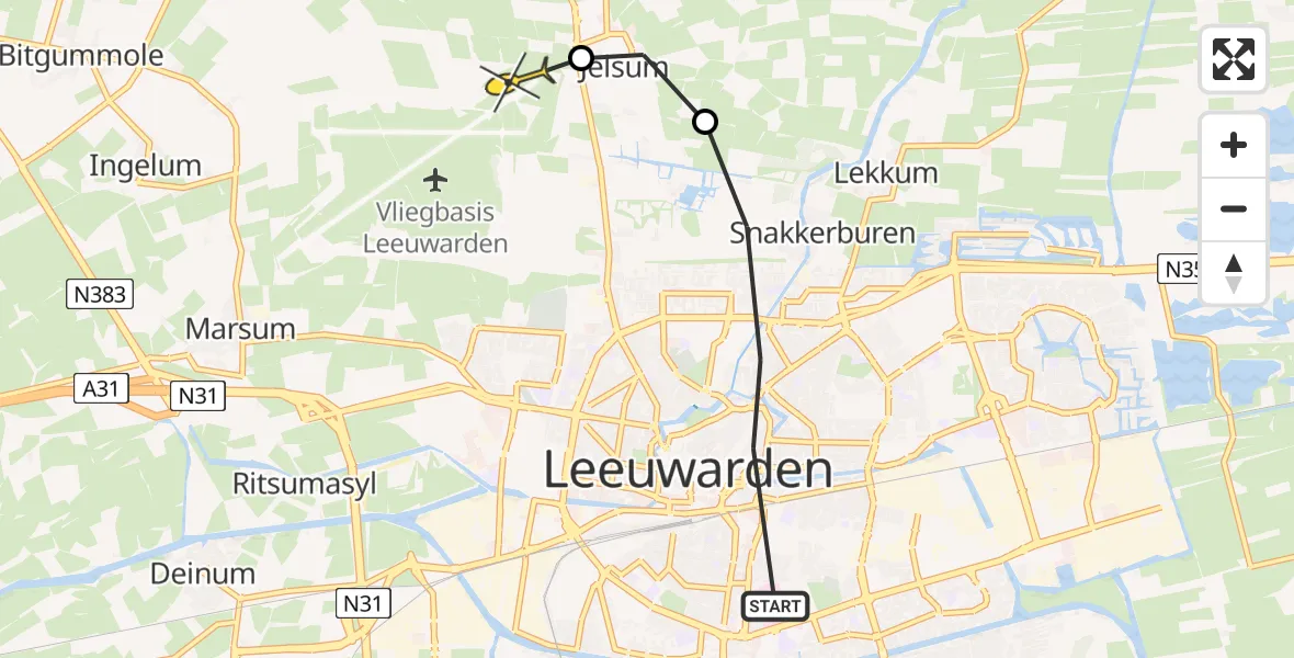 Vluchtroute Ambulancehelikopter van Leeuwarden naar Vliegbasis Leeuwarden