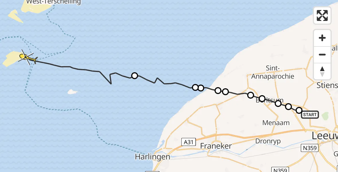 Routekaart van de vlucht: Ambulanceheli naar West-Terschelling, Middelseewei