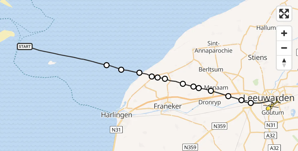 Routekaart van de vlucht: Ambulanceheli naar Leeuwarden, Borniastraat