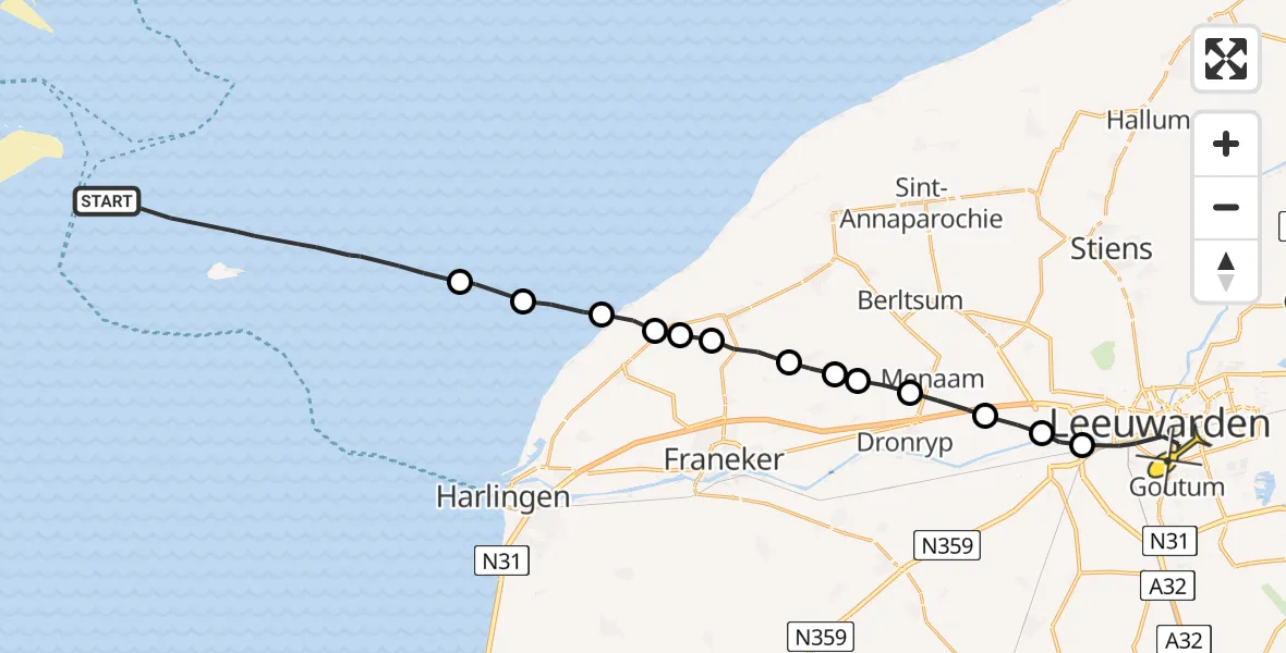 Routekaart van de vlucht: Ambulancehelikopter naar Leeuwarden, Borniastraat