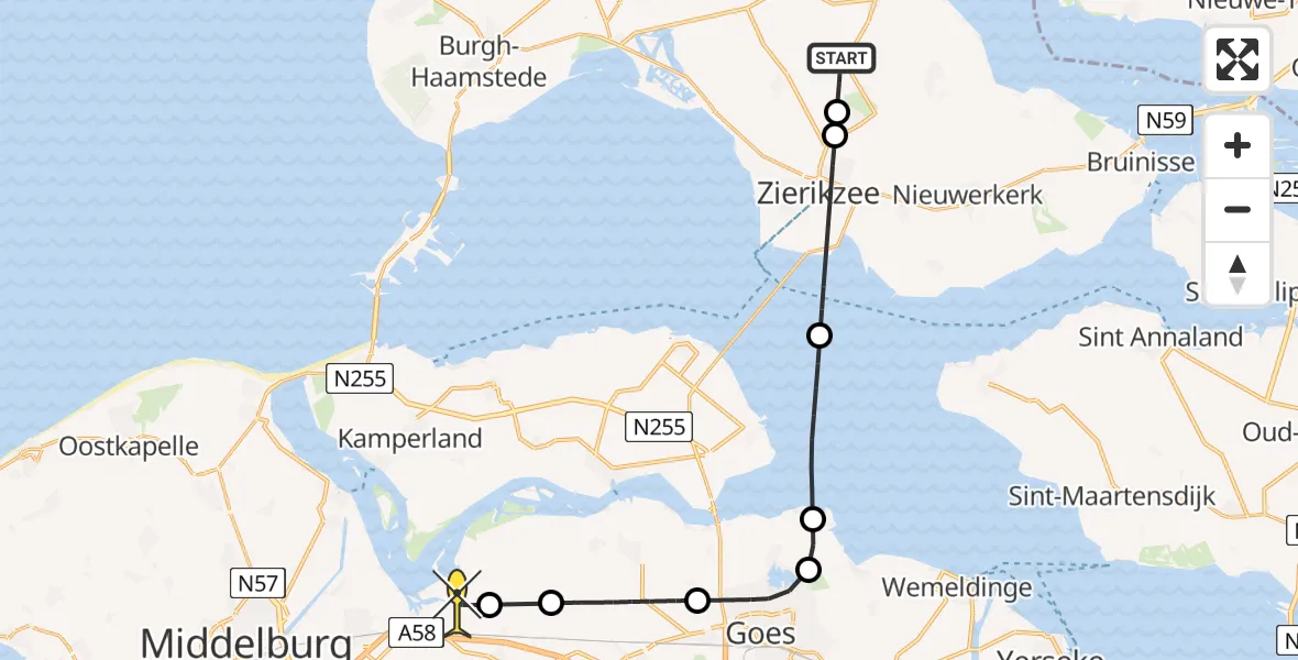 Routekaart van de vlucht: Kustwachthelikopter naar Vliegveld Midden-Zeeland, Donkereweg