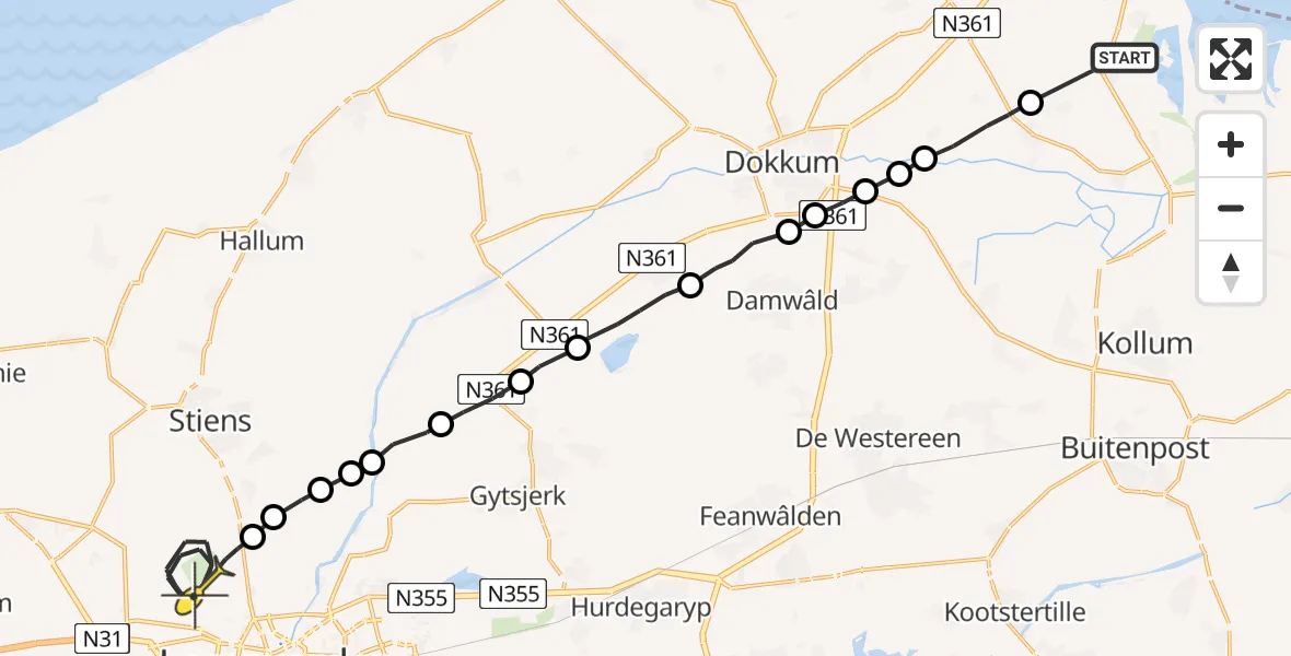 Routekaart van de vlucht: Ambulancehelikopter naar Vliegbasis Leeuwarden, NAM-locatie De Tibben