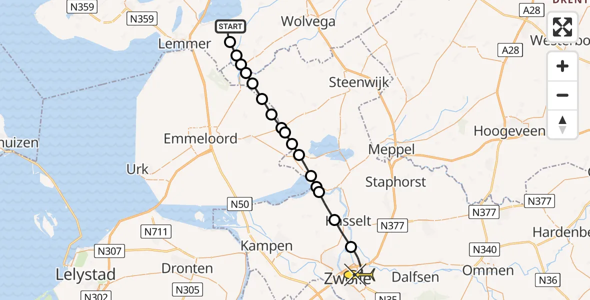 Routekaart van de vlucht: Lifeliner 4 naar Zwolle, de Kempenaersweg