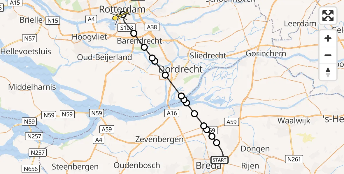 Routekaart van de vlucht: Lifeliner 2 naar Erasmus MC, Wildhage