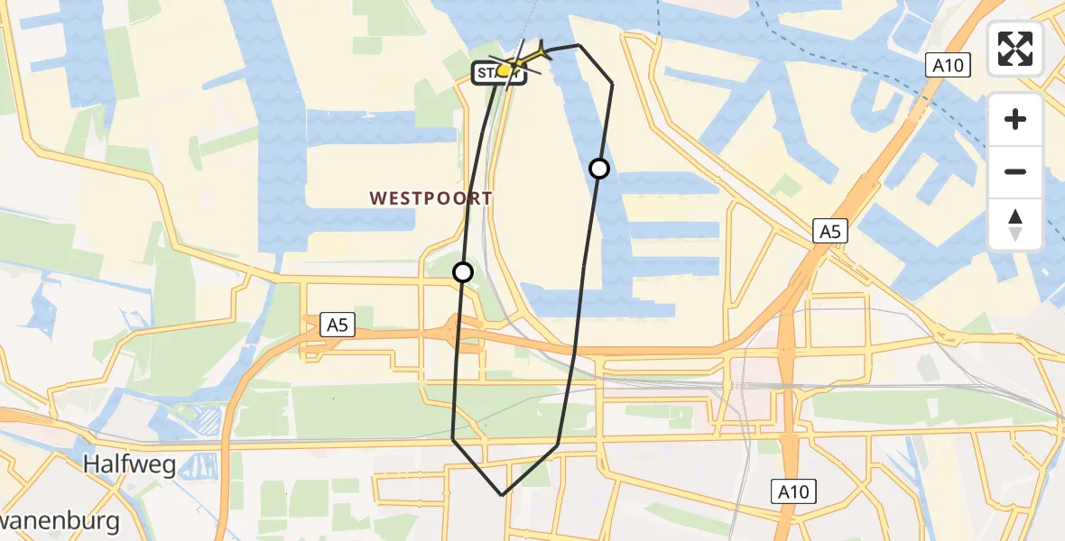 Routekaart van de vlucht: Lifeliner 1 naar Amsterdam Heliport, Nieuw-Zeelandweg