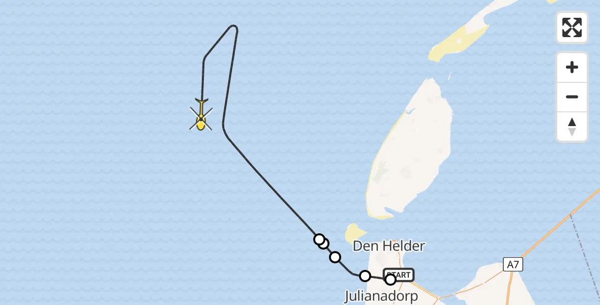 Routekaart van de vlucht: Kustwachthelikopter naar Kortevliet