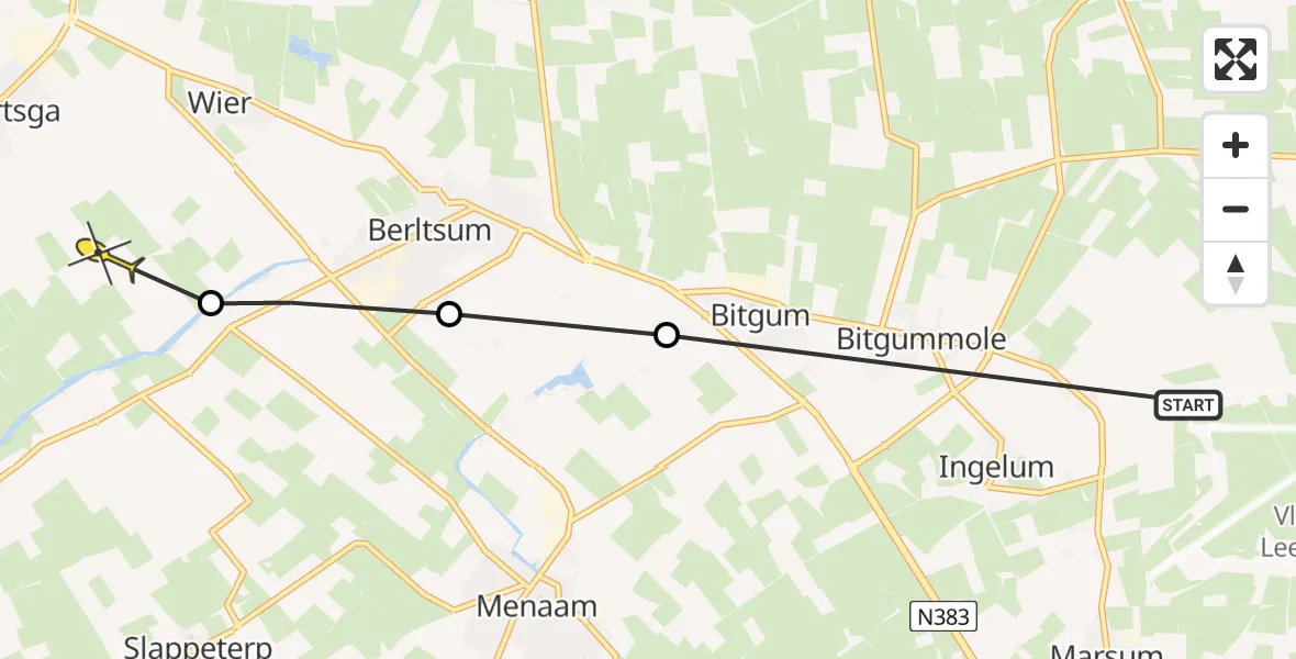Routekaart van de vlucht: Ambulanceheli naar Minnertsga, Liuwesingel