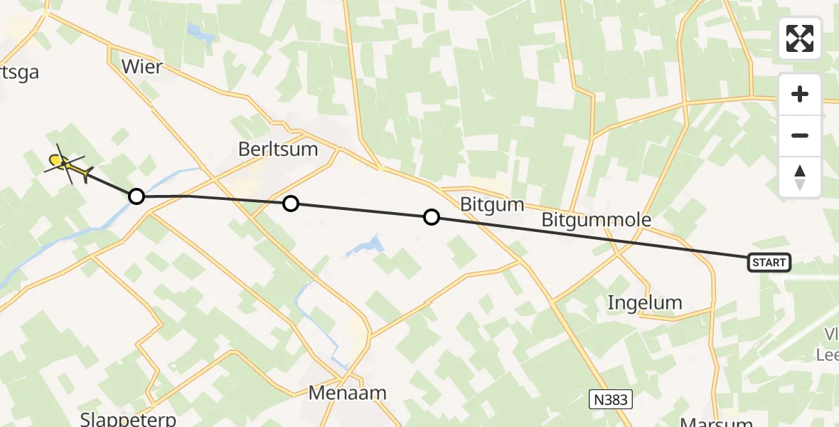 Routekaart van de vlucht: Ambulancehelikopter naar Minnertsga, Liuwesingel