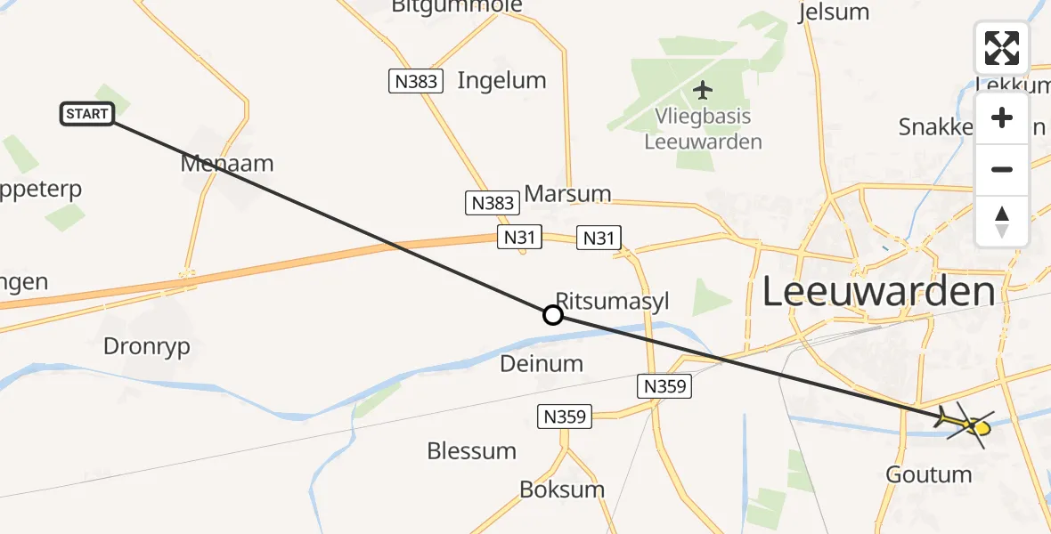 Routekaart van de vlucht: Ambulancehelikopter naar Leeuwarden, Trekwei