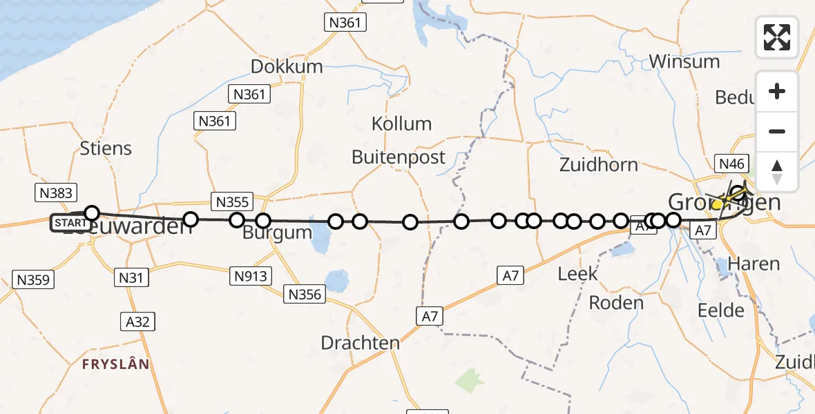 Routekaart van de vlucht: Lifeliner 4 naar Universitair Medisch Centrum Groningen, Ljouwerterdyk