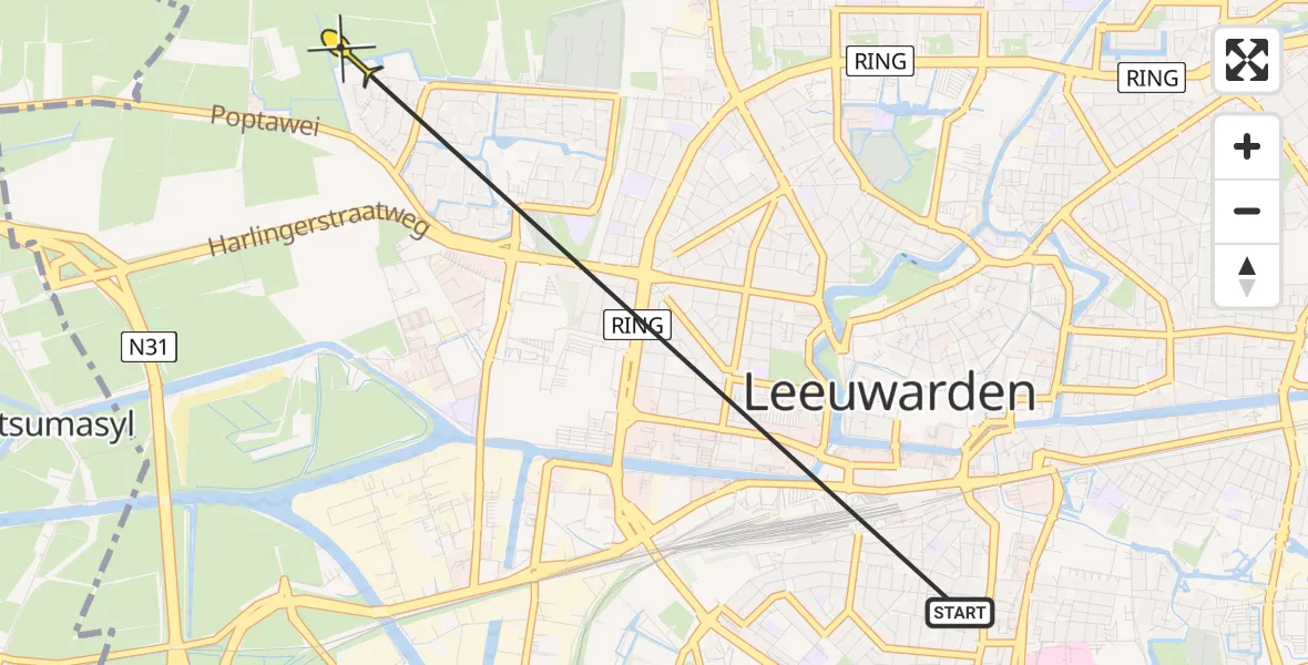 Routekaart van de vlucht: Ambulanceheli naar Leeuwarden, De Skieding