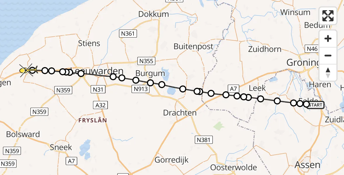 Routekaart van de vlucht: Lifeliner 4 naar Franeker, Hoofdweg