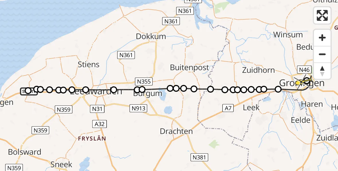 Routekaart van de vlucht: Lifeliner 4 naar Universitair Medisch Centrum Groningen, Doanjumer Feart