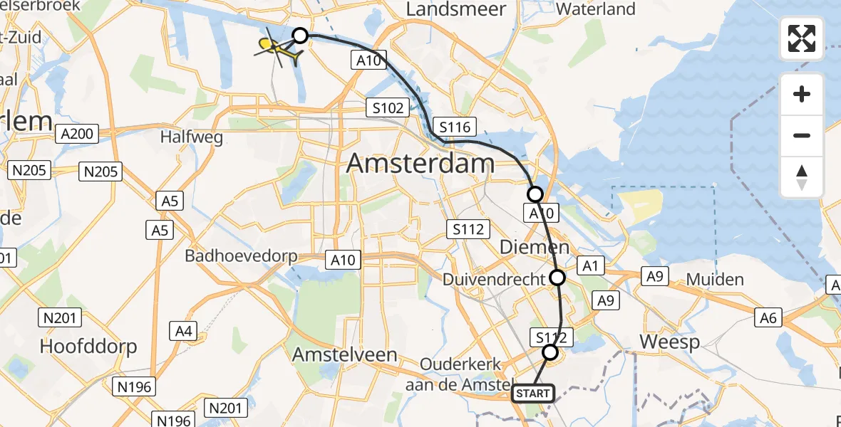 Routekaart van de vlucht: Lifeliner 1 naar Amsterdam Heliport, Buurttuin de Hoftuin