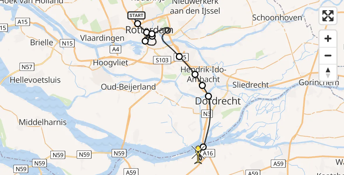 Routekaart van de vlucht: Politieheli naar Moerdijk, Schipholstraat