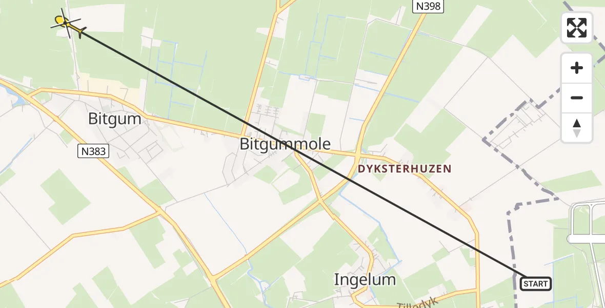 Routekaart van de vlucht: Ambulancehelikopter naar St.-Annaparochie, Langhuisterweg