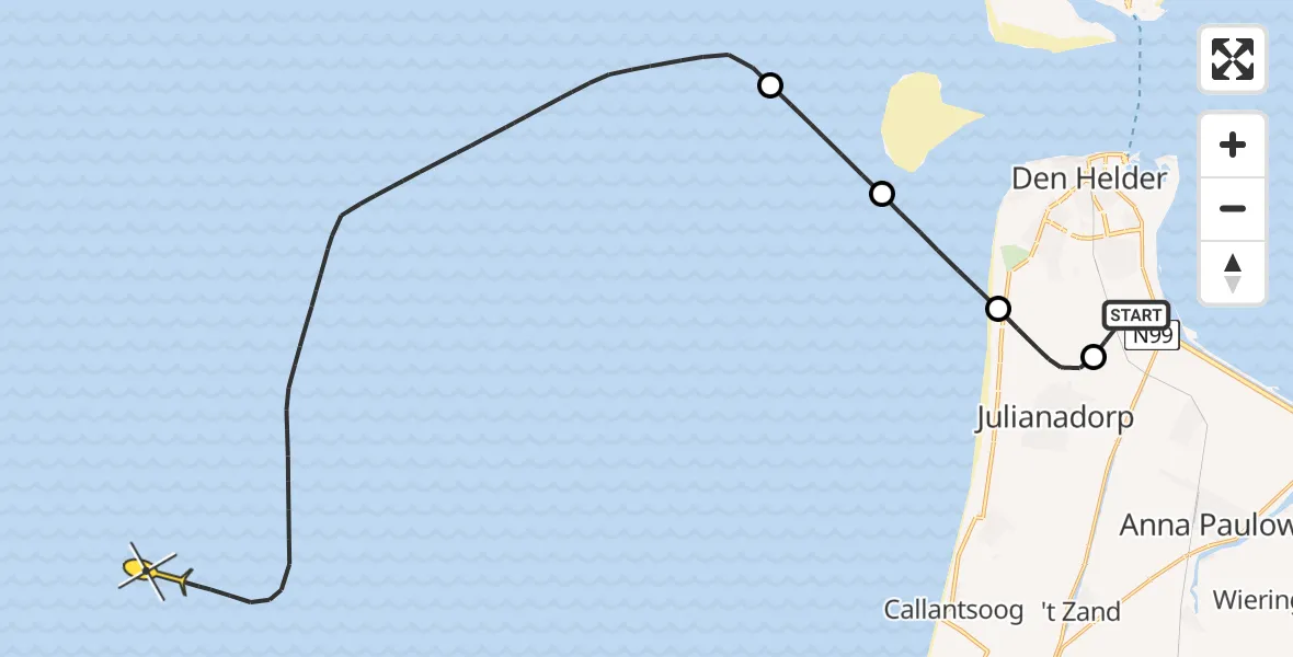 Routekaart van de vlucht: Kustwachthelikopter naar Luchthavenweg