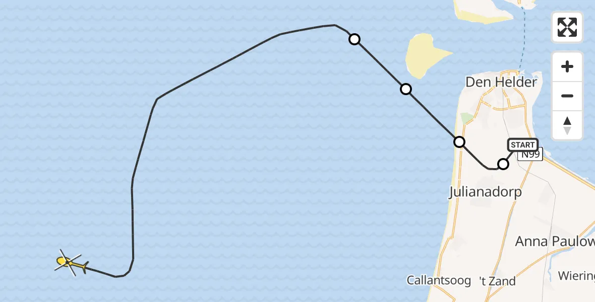 Vluchtroute Kustwachthelikopter van Vliegveld De Kooy naar 