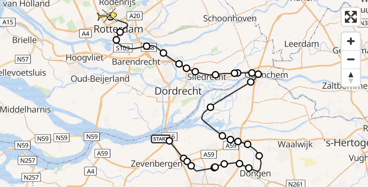 Routekaart van de vlucht: Politieheli naar Rotterdam The Hague Airport, Koning Haakonstraat