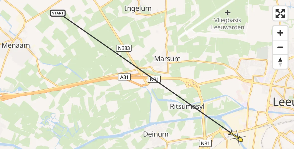 Routekaart van de vlucht: Ambulancehelikopter naar Leeuwarden, Fahrenheitweg