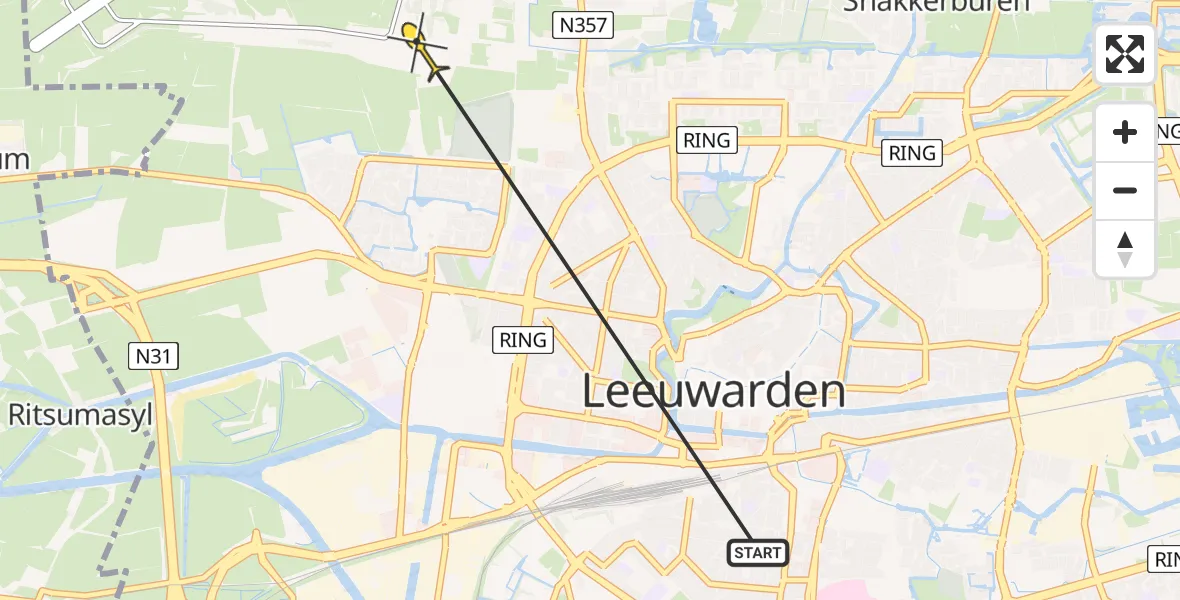 Vluchtroute Ambulancehelikopter van Leeuwarden naar Vliegbasis Leeuwarden