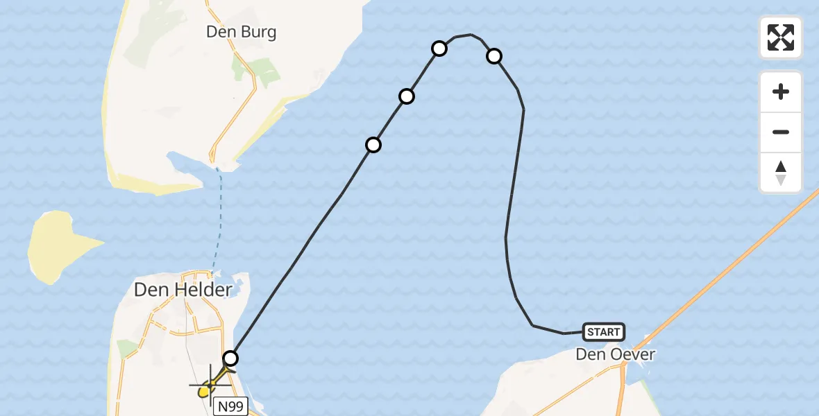 Routekaart van de vlucht: Kustwachthelikopter naar Vliegveld De Kooy, Molgerdijk