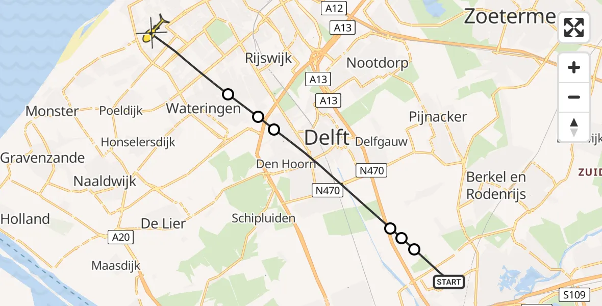 Routekaart van de vlucht: Lifeliner 2 naar Den Haag, Oude Haagweg