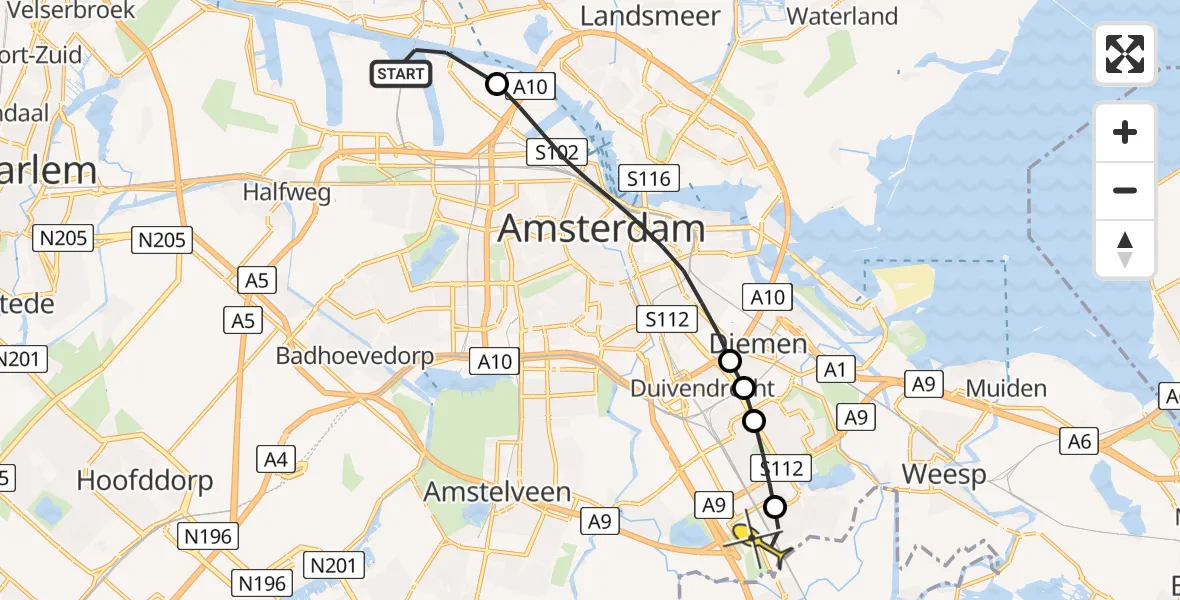 Routekaart van de vlucht: Lifeliner 1 naar Academisch Medisch Centrum (AMC), Hemweg