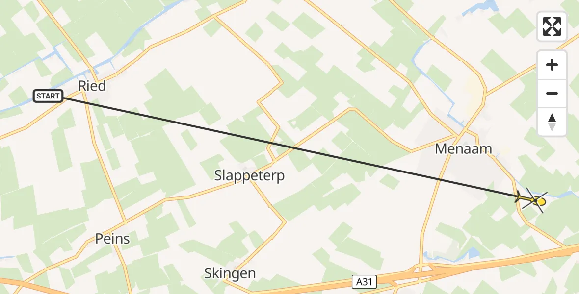 Routekaart van de vlucht: Ambulanceheli naar Menaam, Mieddyk