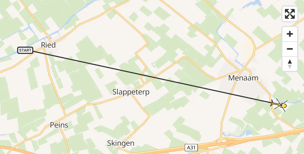 Routekaart van de vlucht: Ambulancehelikopter naar Menaam, Mieddyk