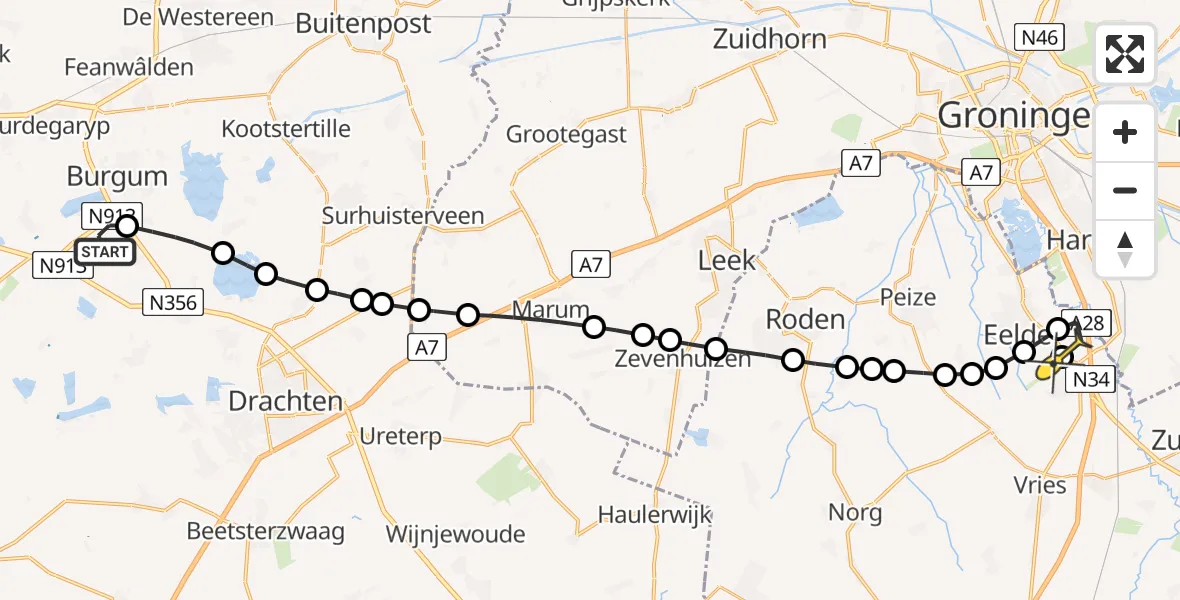 Routekaart van de vlucht: Lifeliner 4 naar Groningen Airport Eelde, Stinswei