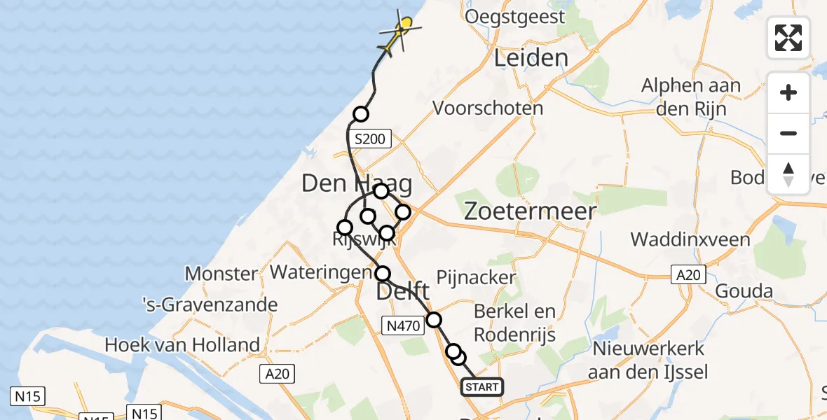 Routekaart van de vlucht: Politieheli naar Wassenaar, Schieveense polder