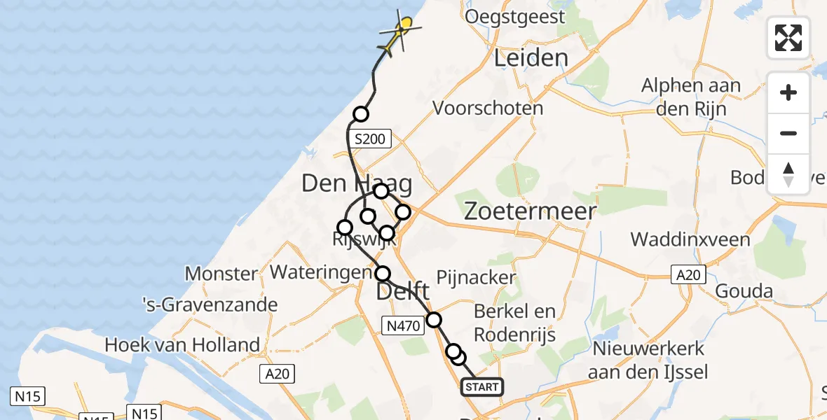 Routekaart van de vlucht: Politiehelikopter naar Wassenaar, Schieveense polder
