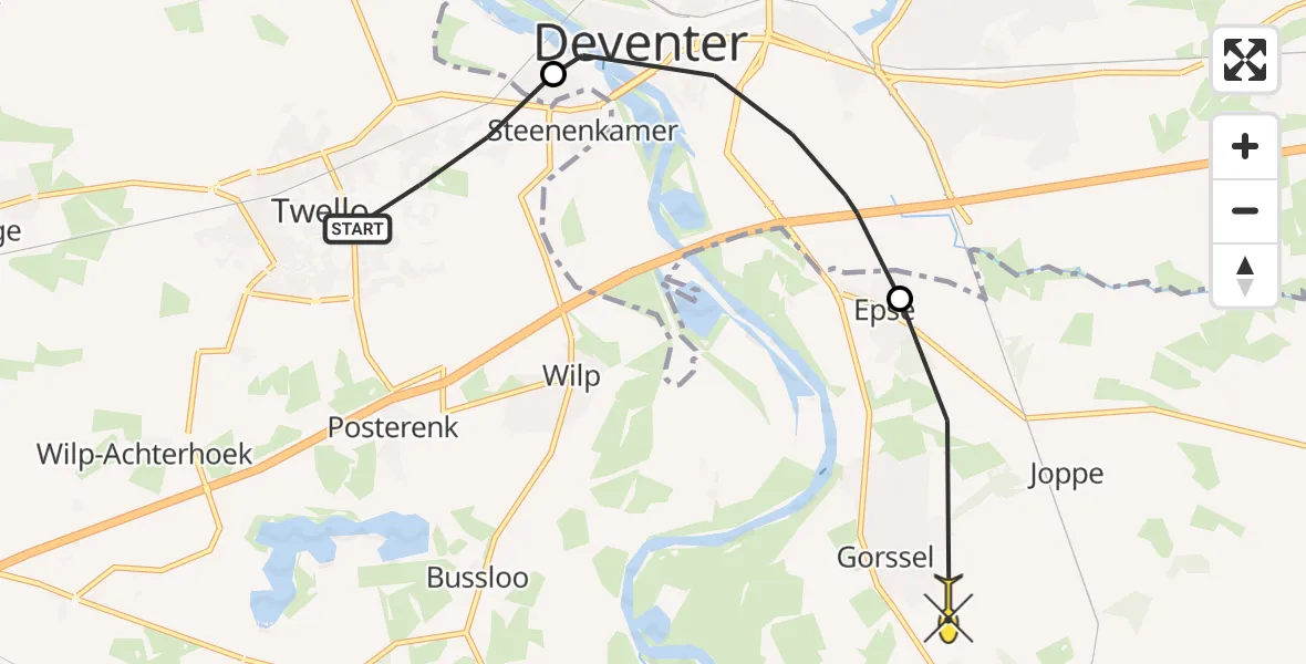 Routekaart van de vlucht: Politiehelikopter naar Gorssel, Vermeersweg