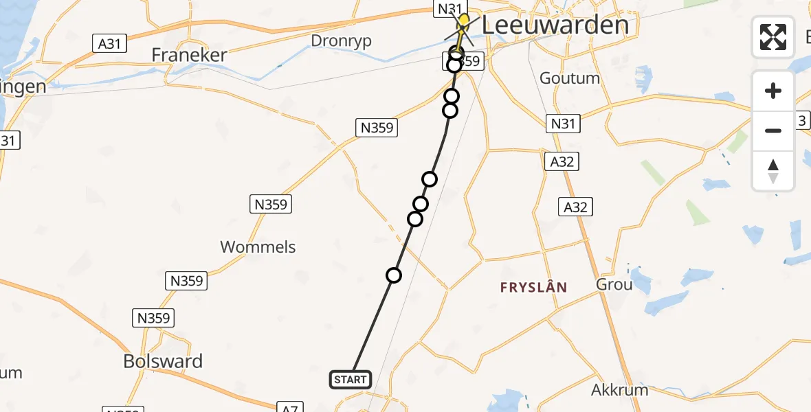 Routekaart van de vlucht: Ambulanceheli naar Deinum, Makkum