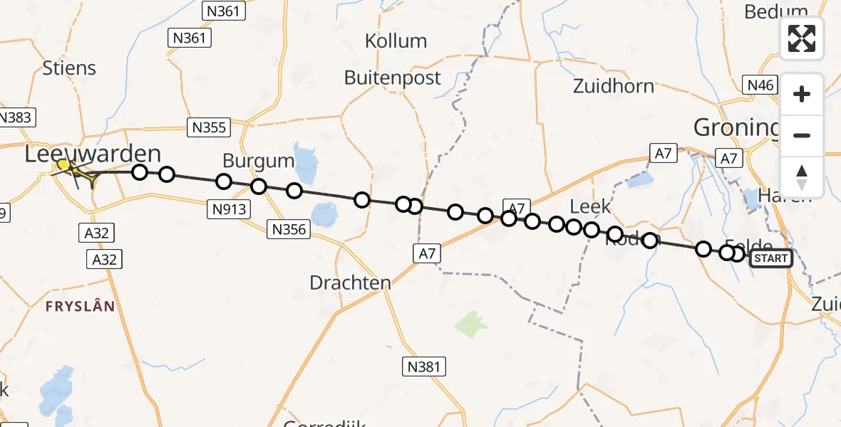 Routekaart van de vlucht: Lifeliner 4 naar Leeuwarden, Molenweg