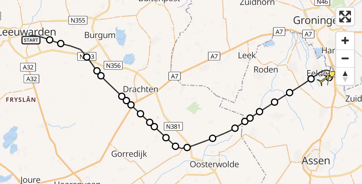 Routekaart van de vlucht: Lifeliner 4 naar Groningen Airport Eelde, Drachtsterweg