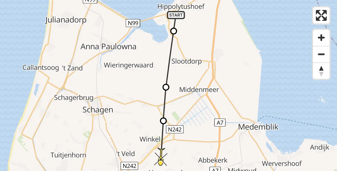 Routekaart van de vlucht: Politiehelikopter naar Nieuwe Niedorp, Schelpenbolweg