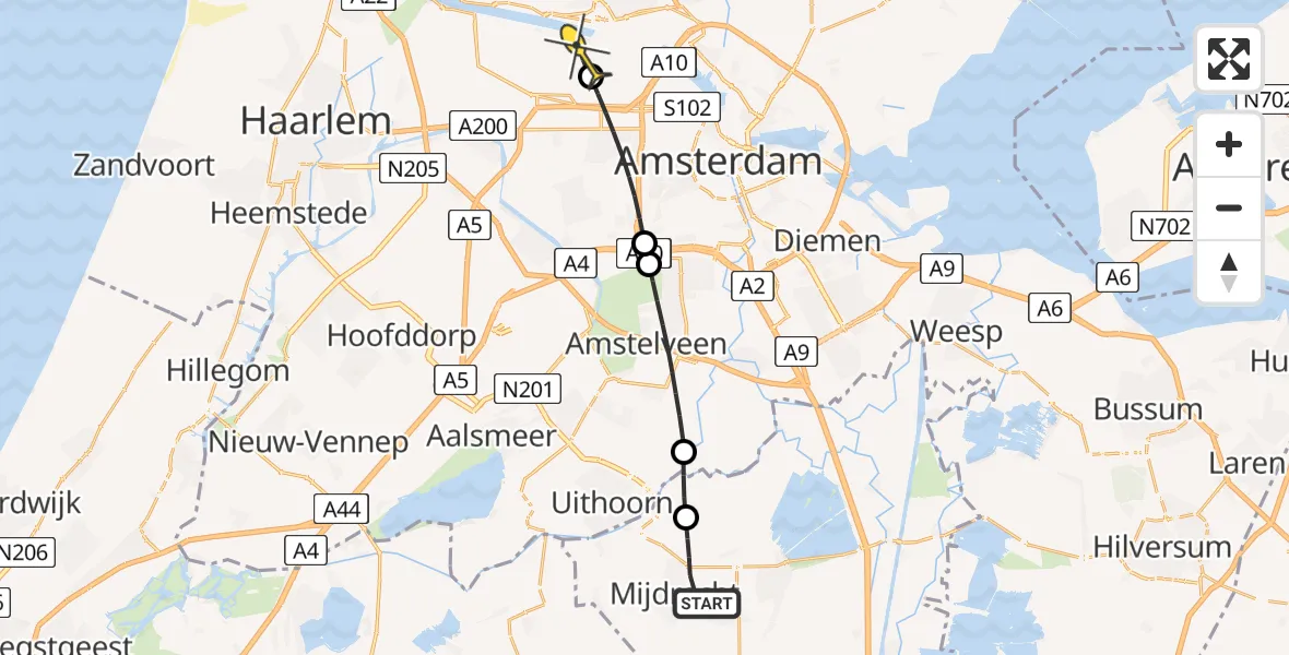 Routekaart van de vlucht: Lifeliner 1 naar Amsterdam Heliport, Groot Mijdrechtstraat