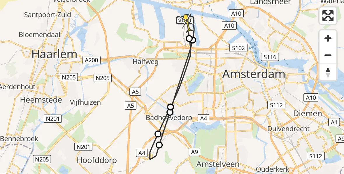 Routekaart van de vlucht: Lifeliner 1 naar Amsterdam Heliport, Elbaweg