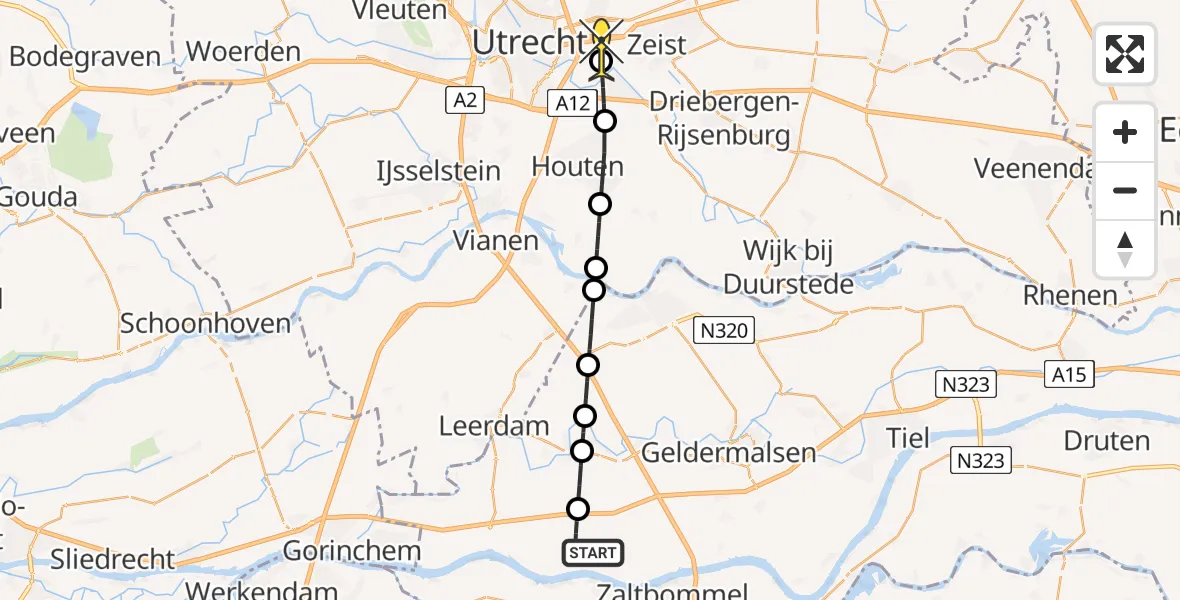 Routekaart van de vlucht: Lifeliner 3 naar Universitair Medisch Centrum Utrecht, De Noordhof