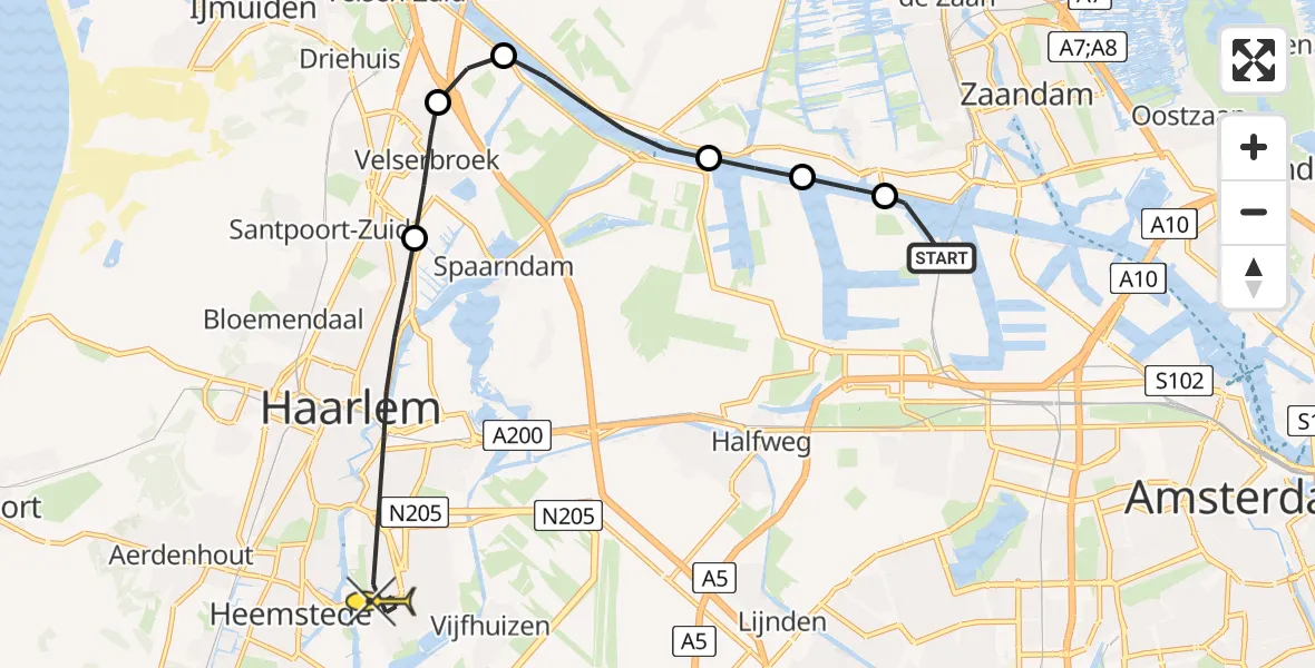 Routekaart van de vlucht: Lifeliner 1 naar Haarlem, Noorder Y en Zeedijk