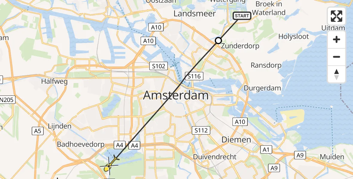 Routekaart van de vlucht: Politiehelikopter naar Badhoevedorp, Buikslotermeerdijk