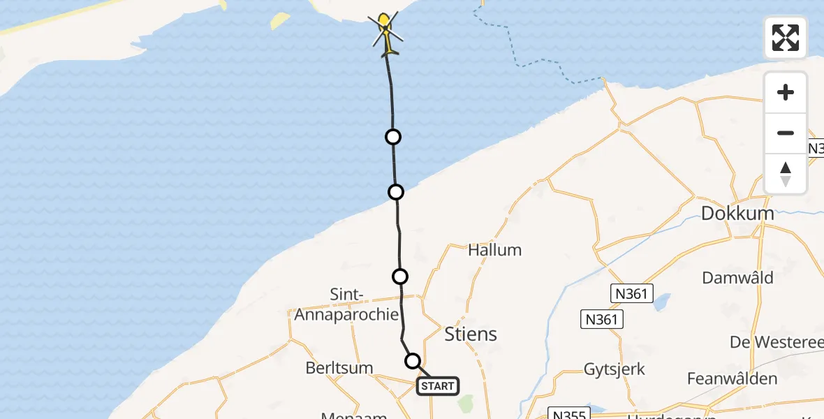 Routekaart van de vlucht: Ambulancehelikopter naar Ballum, Langestraat